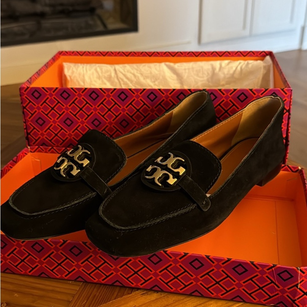 Tory Burch Black Suede Loafers with Gold Logo